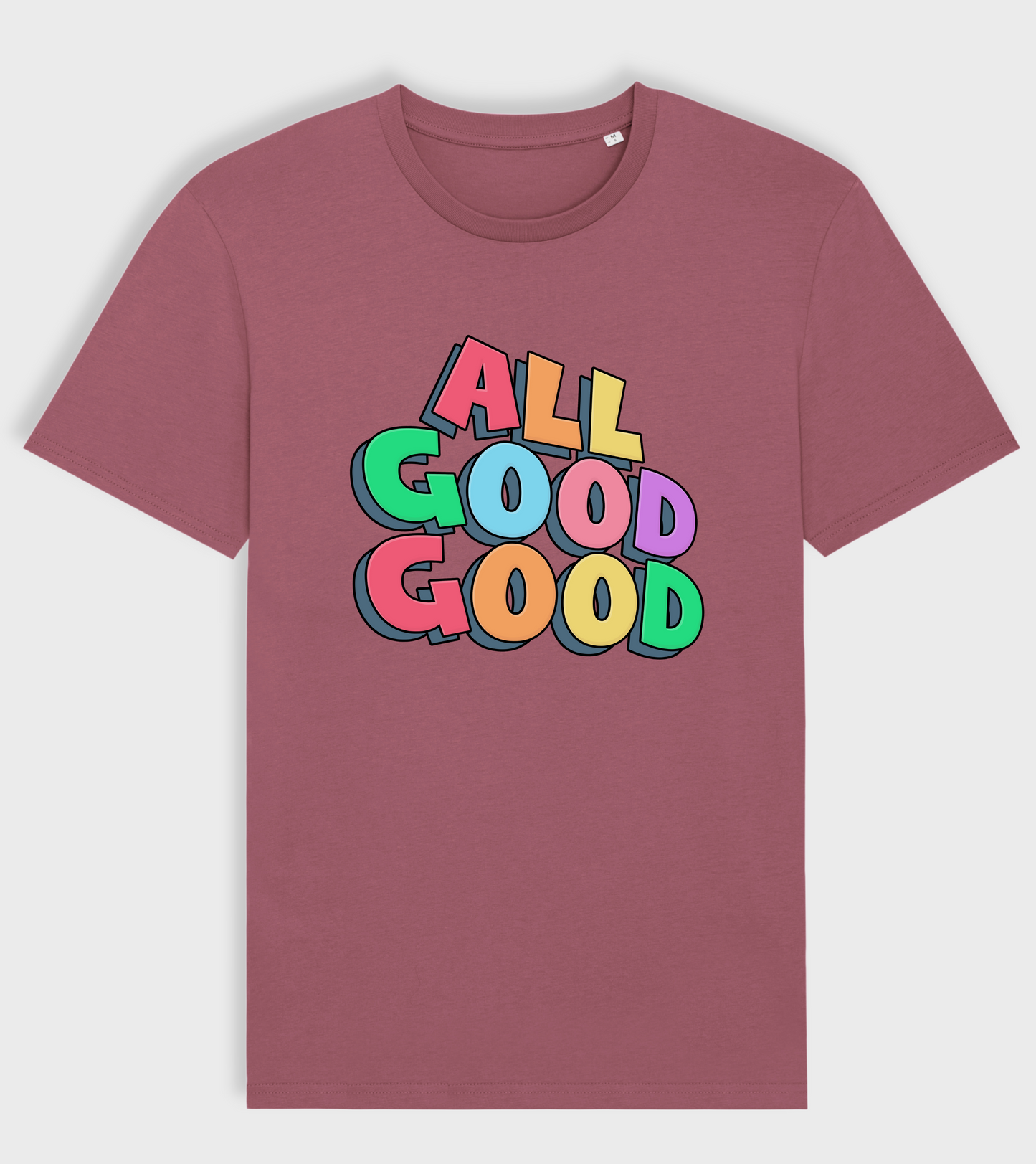 Burgundy regular fit t-shirt with 'ALL GOOD GOOD' design.