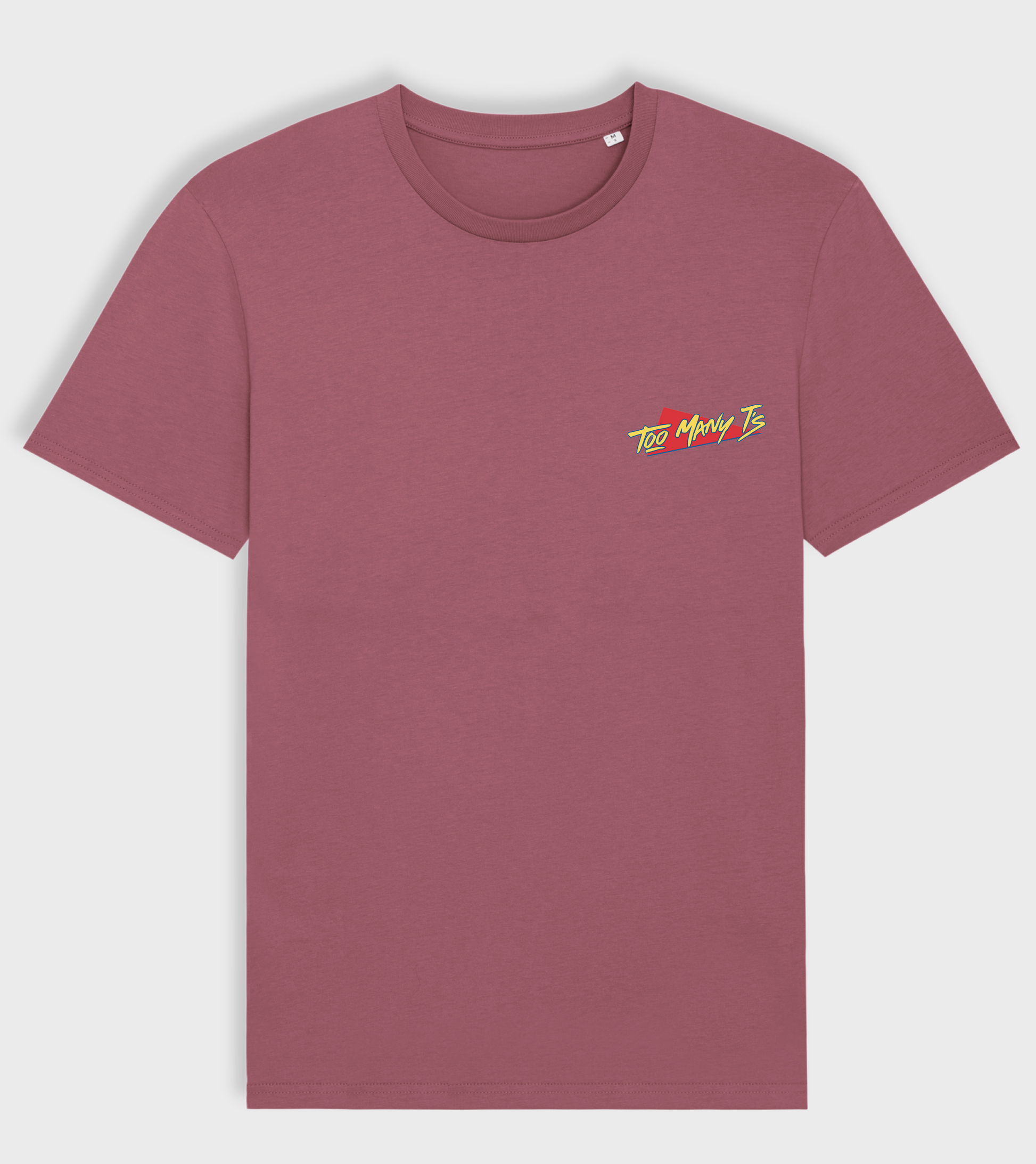 Red organic t-shirt with TOO MANY T'S original design.