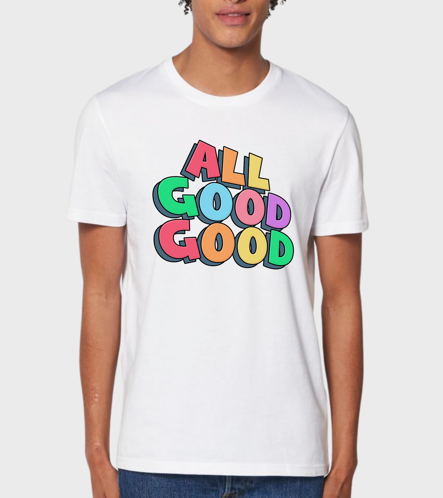 White regular fit t-shirt with 'ALL GOOD GOOD' design.