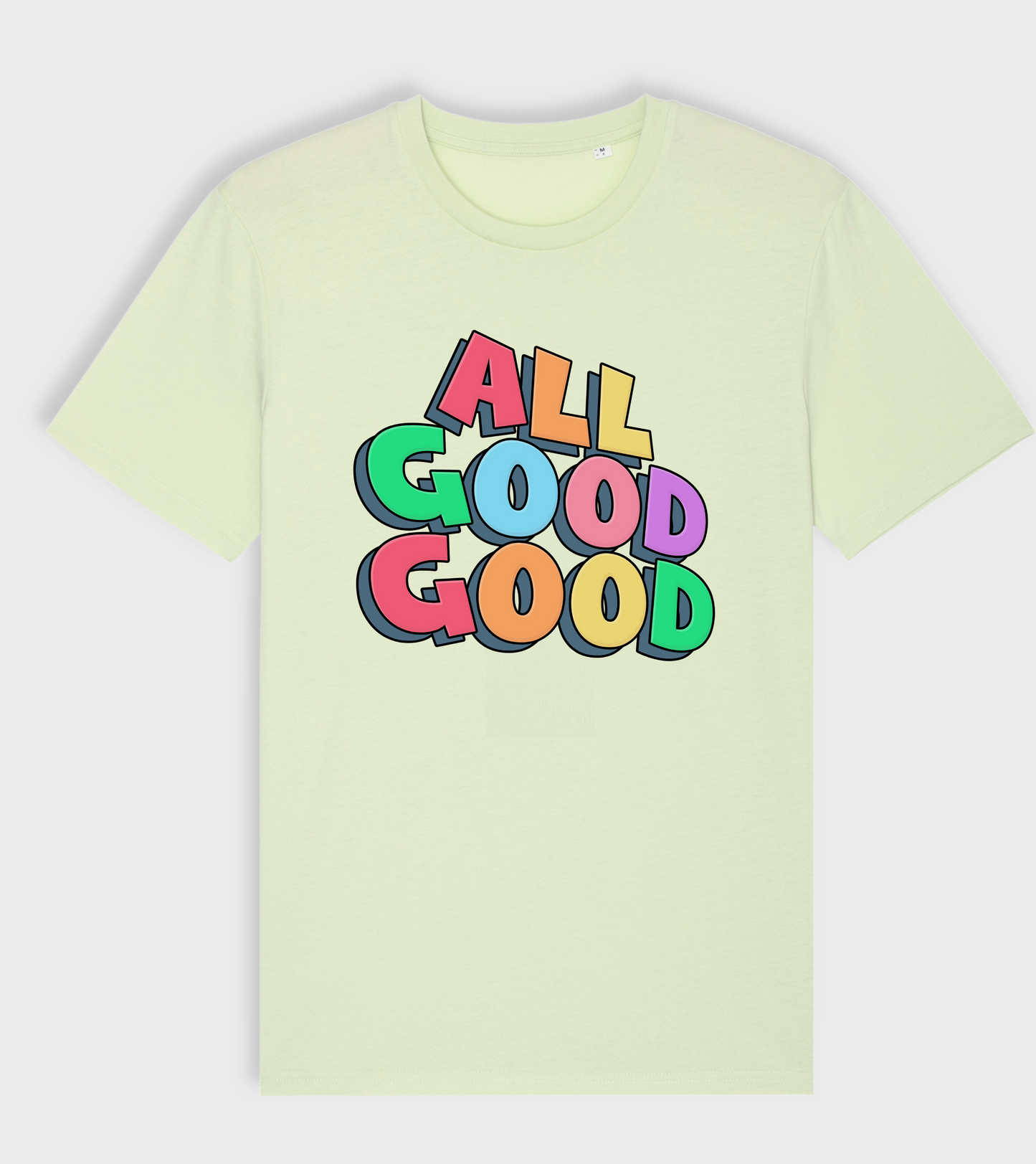 Mint green regular fit t-shirt with 'ALL GOOD GOOD' design.