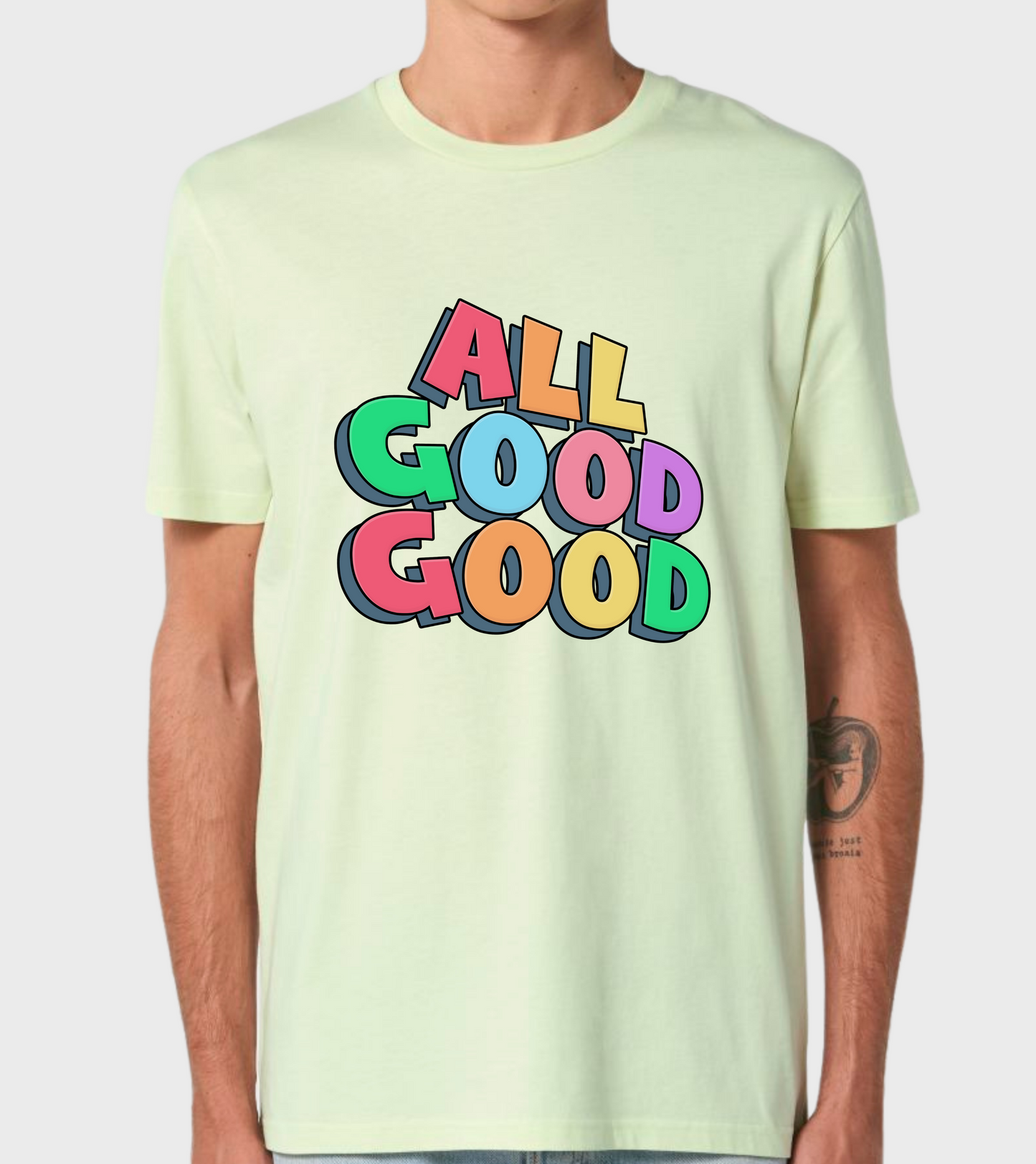 Mint green regular fit t-shirt with 'ALL GOOD GOOD' design.