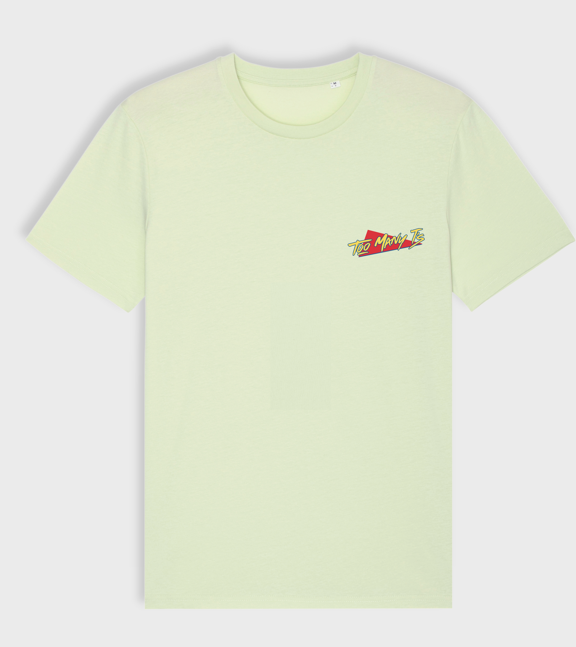 Mint green organic t-shirt with TOO MANY T'S original design.