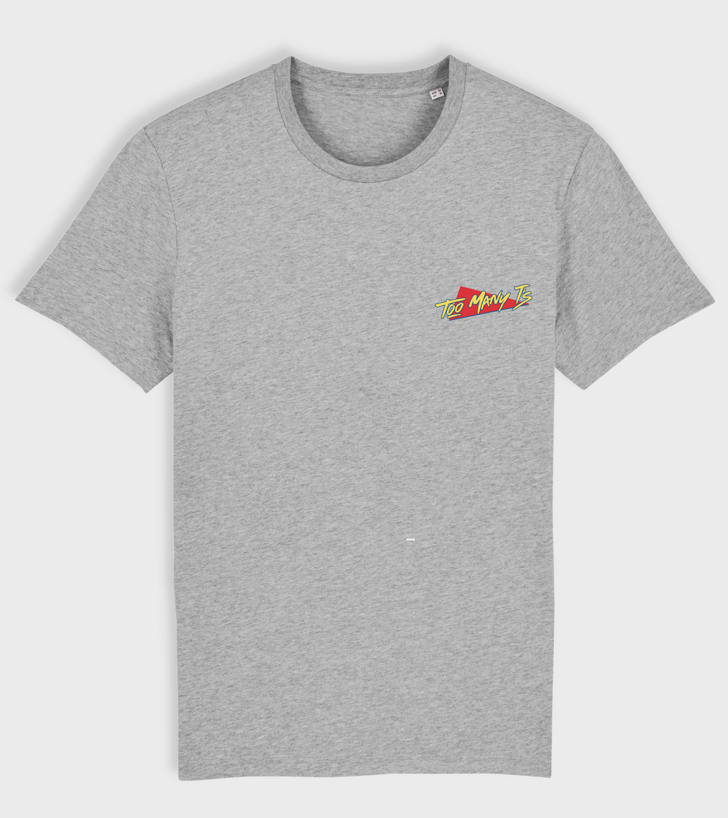 Grey organic t-shirt with TOO MANY T'S original design.