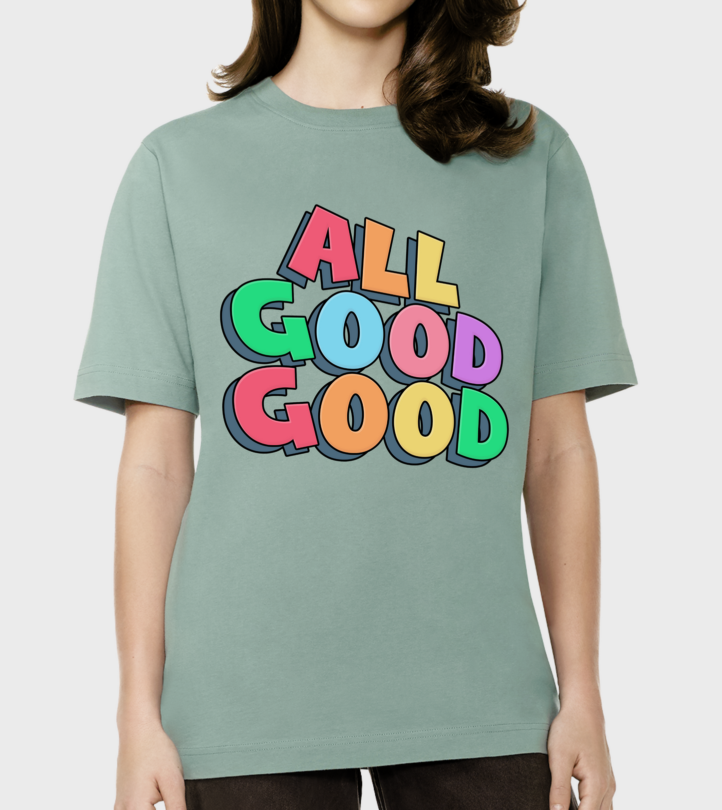 Green oversized t-shirt with 'ALL GOOD GOOD' printed on in multicoloured.