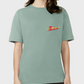 Green oversized t-shirt with red and yellow classic TOO MANY T'S designs.