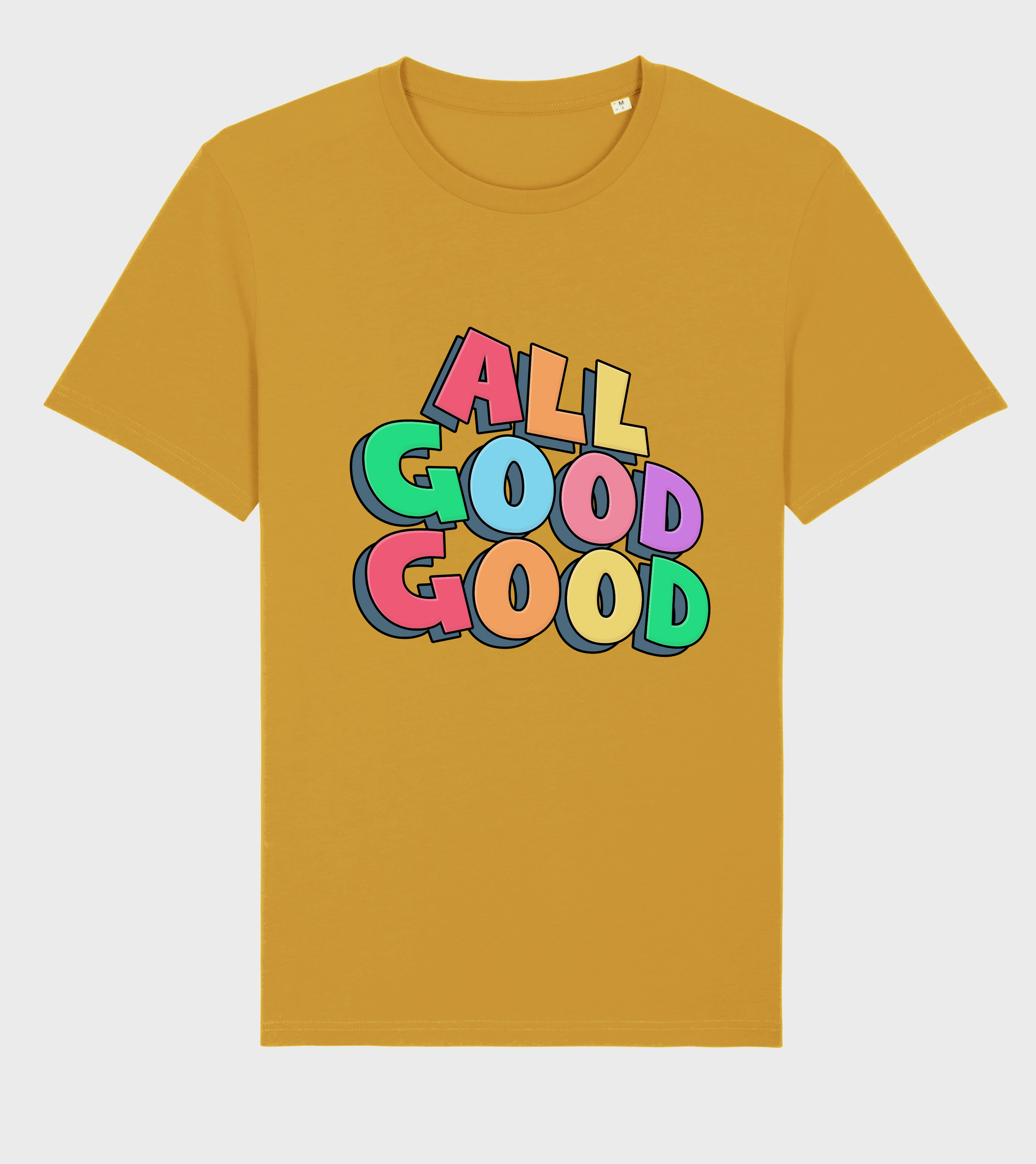 Yellow regular fit t-shirt with 'ALL GOOD GOOD' design.