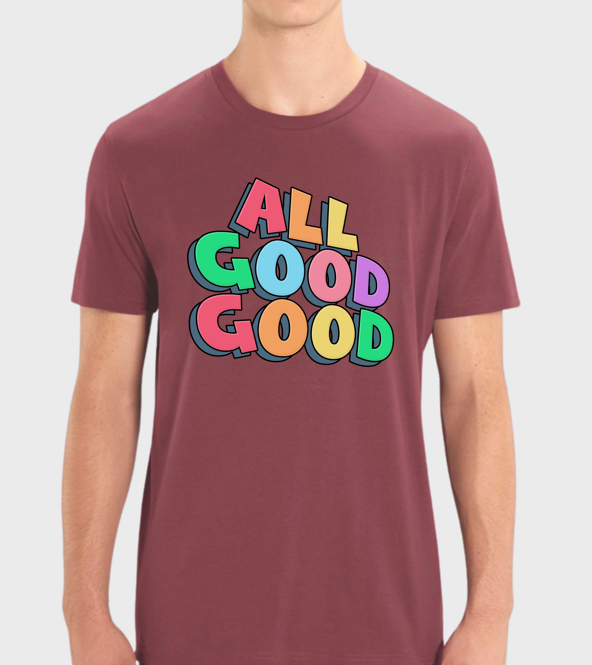 Burgundy regular fit t-shirt with 'ALL GOOD GOOD' design.