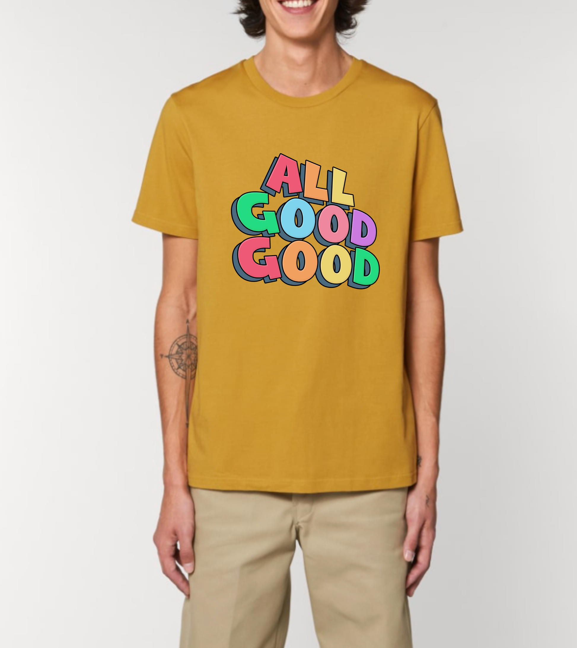 Yellow regular fit t-shirt with 'ALL GOOD GOOD' design.