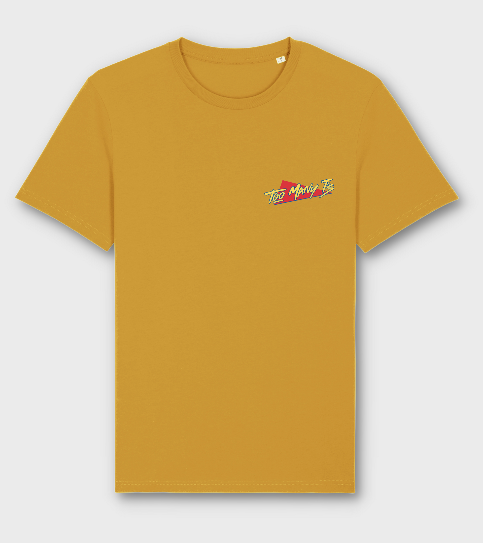 Yellow organic t-shirt with TOO MANY T'S original design.