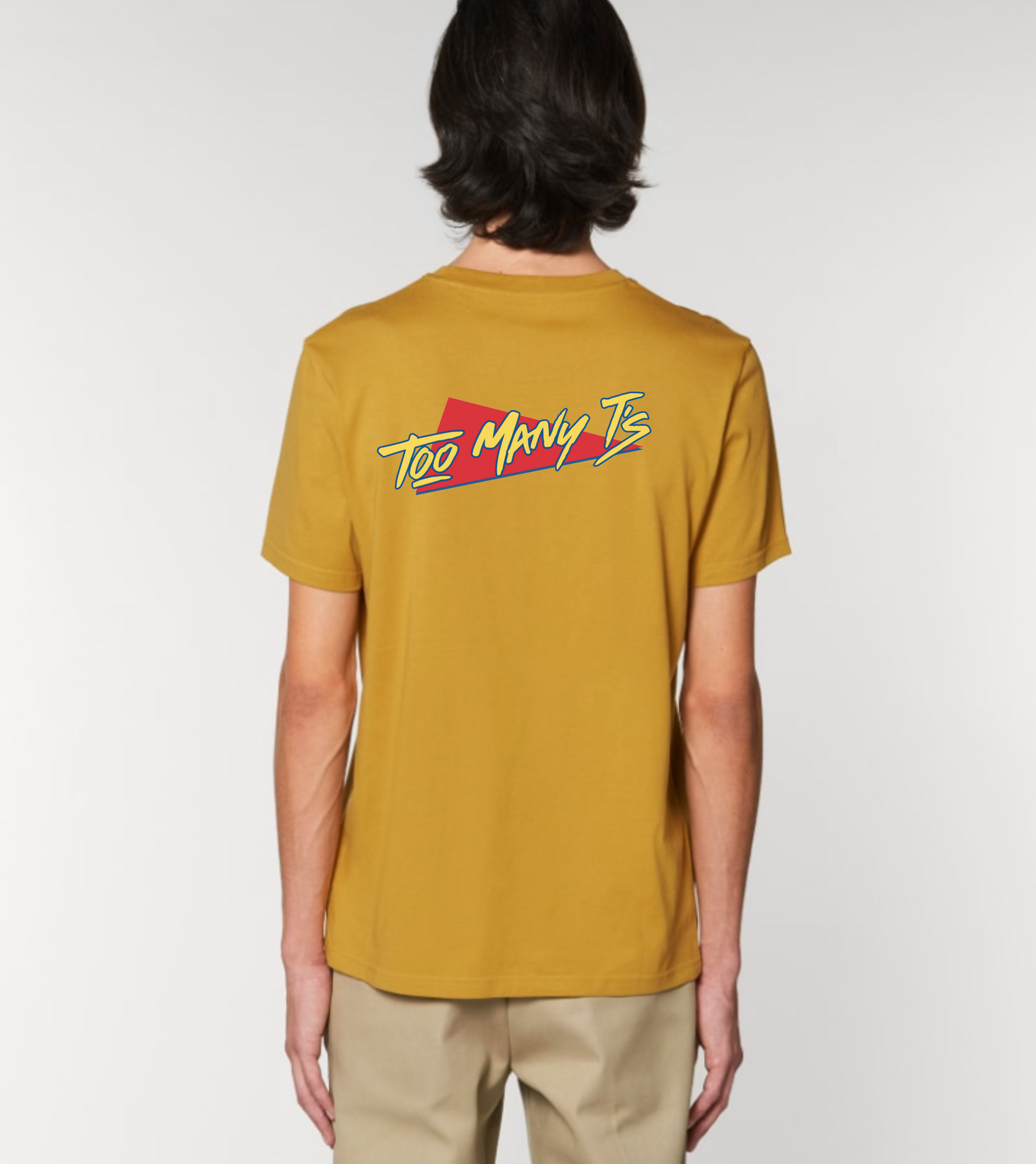 Yellow organic t-shirt with TOO MANY T'S original design.
