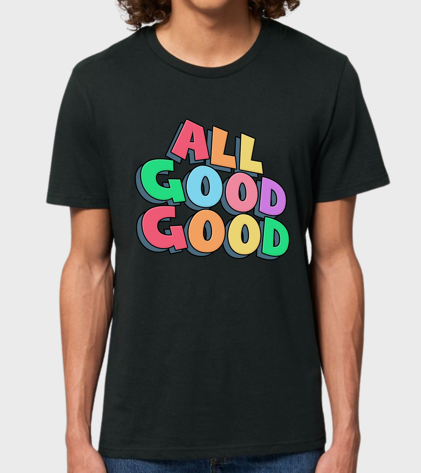 Black regular fit t-shirt with 'ALL GOOD GOOD' design.