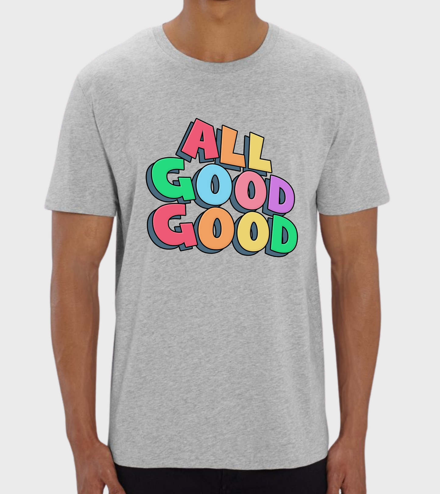 Grey regular fit t-shirt with 'ALL GOOD GOOD' design.