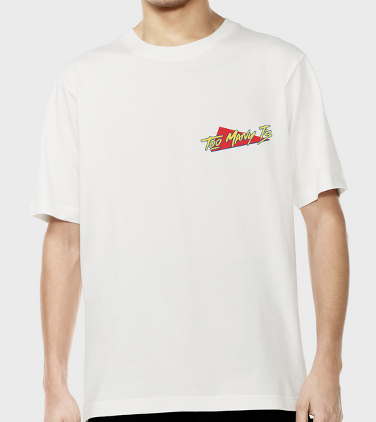 White oversized t-shirt with red and yellow classic TOO MANY T'S designs.