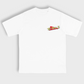 White oversized t-shirt with red and yellow classic TOO MANY T'S designs.