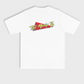 White oversized t-shirt with red and yellow classic TOO MANY T'S designs.