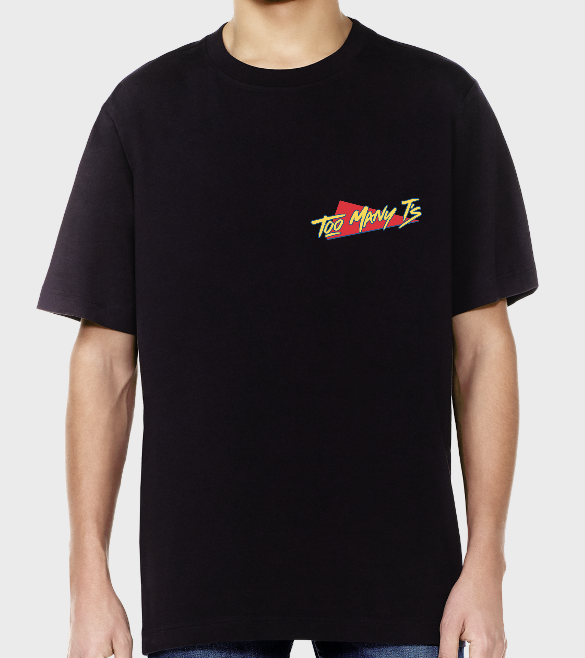 Black oversized t-shirt with red and yellow classic TOO MANY T'S designs.