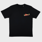 Black oversized t-shirt with red and yellow classic TOO MANY T'S designs.
