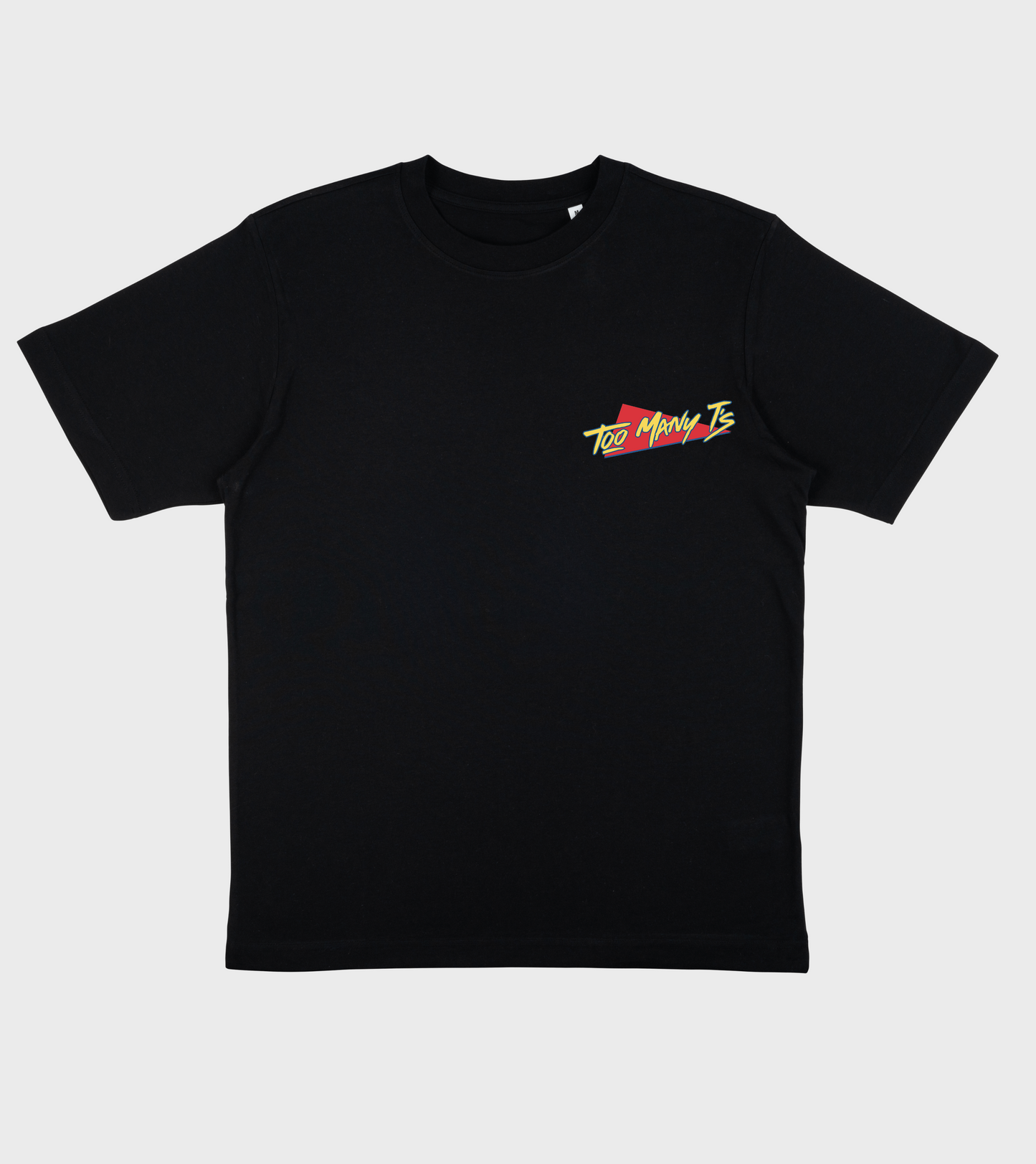 Black oversized t-shirt with red and yellow classic TOO MANY T'S designs.