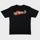 Black oversized t-shirt with red and yellow classic TOO MANY T'S designs.