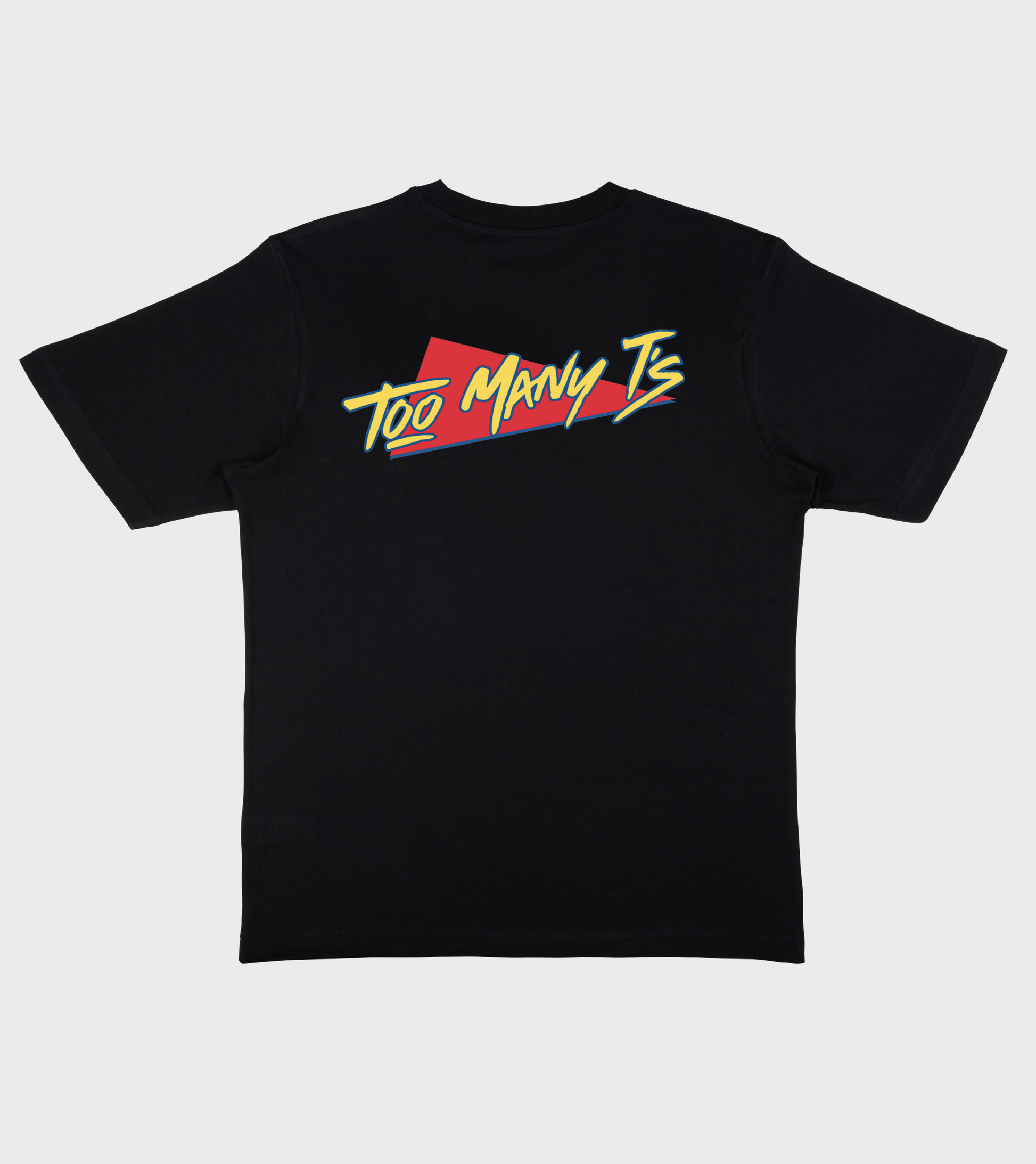 Black oversized t-shirt with red and yellow classic TOO MANY T'S designs.