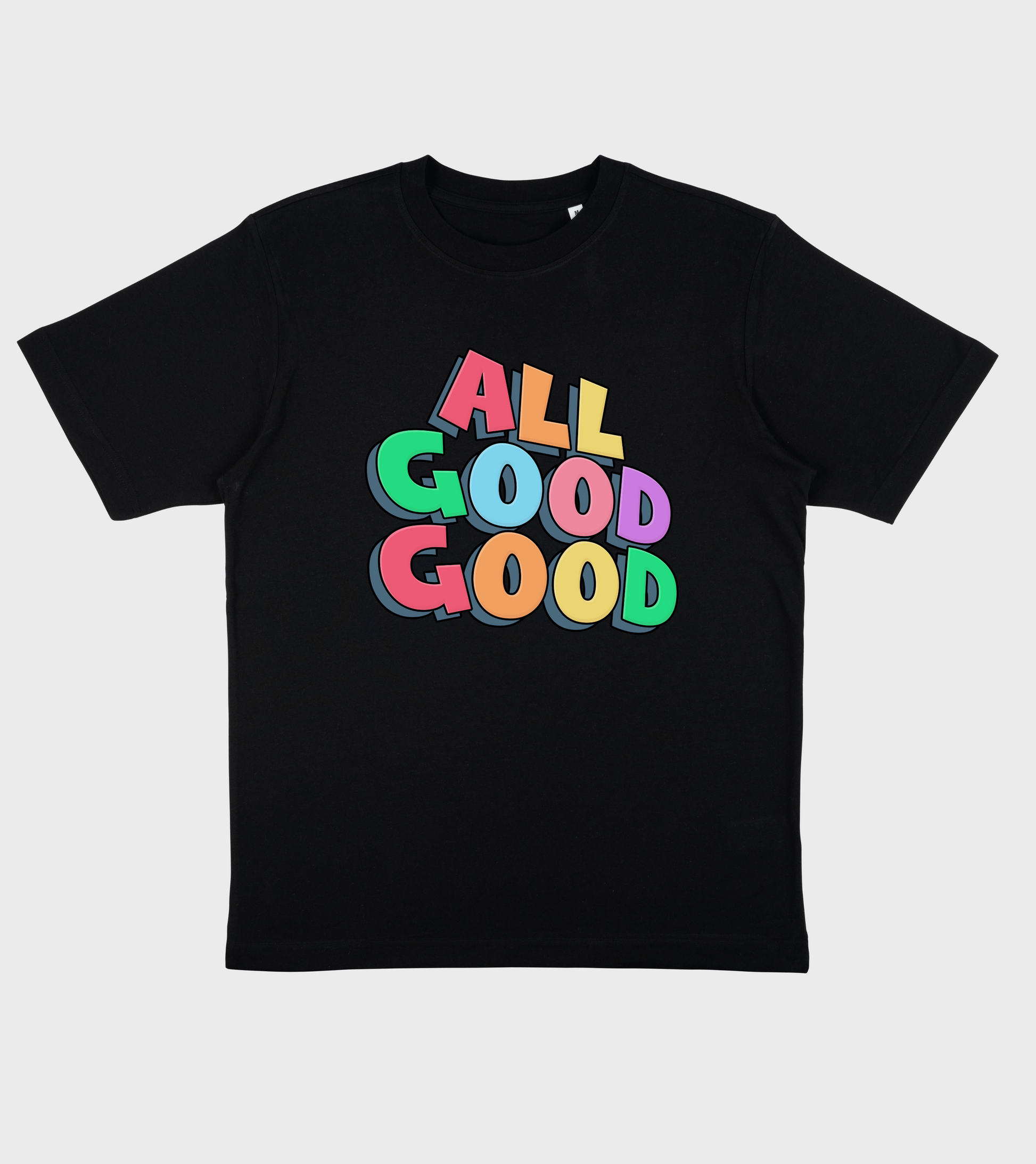 Black oversized t-shirt with 'ALL GOOD GOOD' printed on in multicoloured.