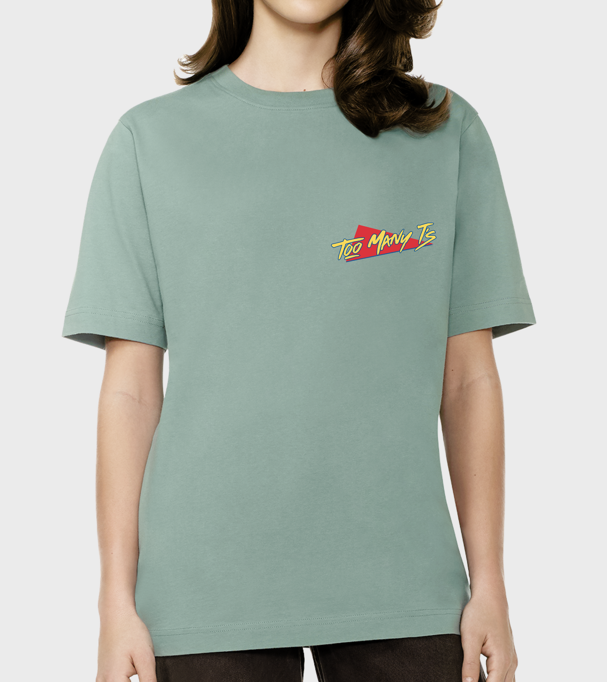 Green oversized t-shirt with red and yellow classic TOO MANY T'S designs.