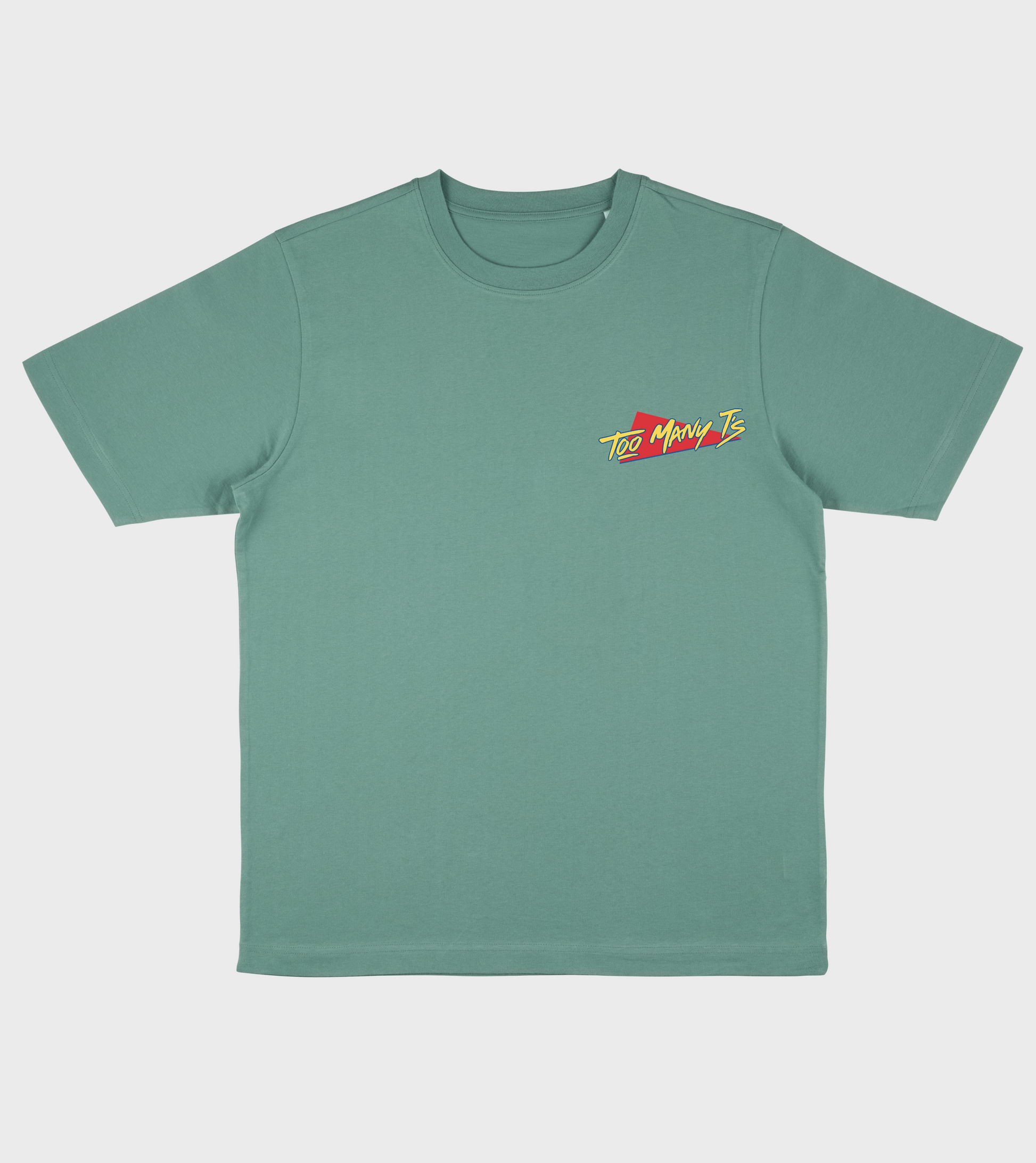 Green oversized t-shirt with red and yellow classic TOO MANY T'S designs.