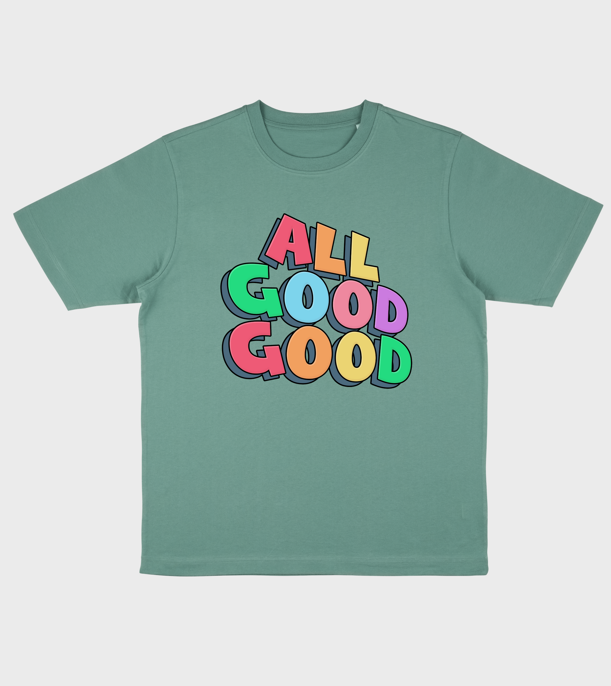 Green oversized t-shirt with 'ALL GOOD GOOD' printed on in multicoloured.