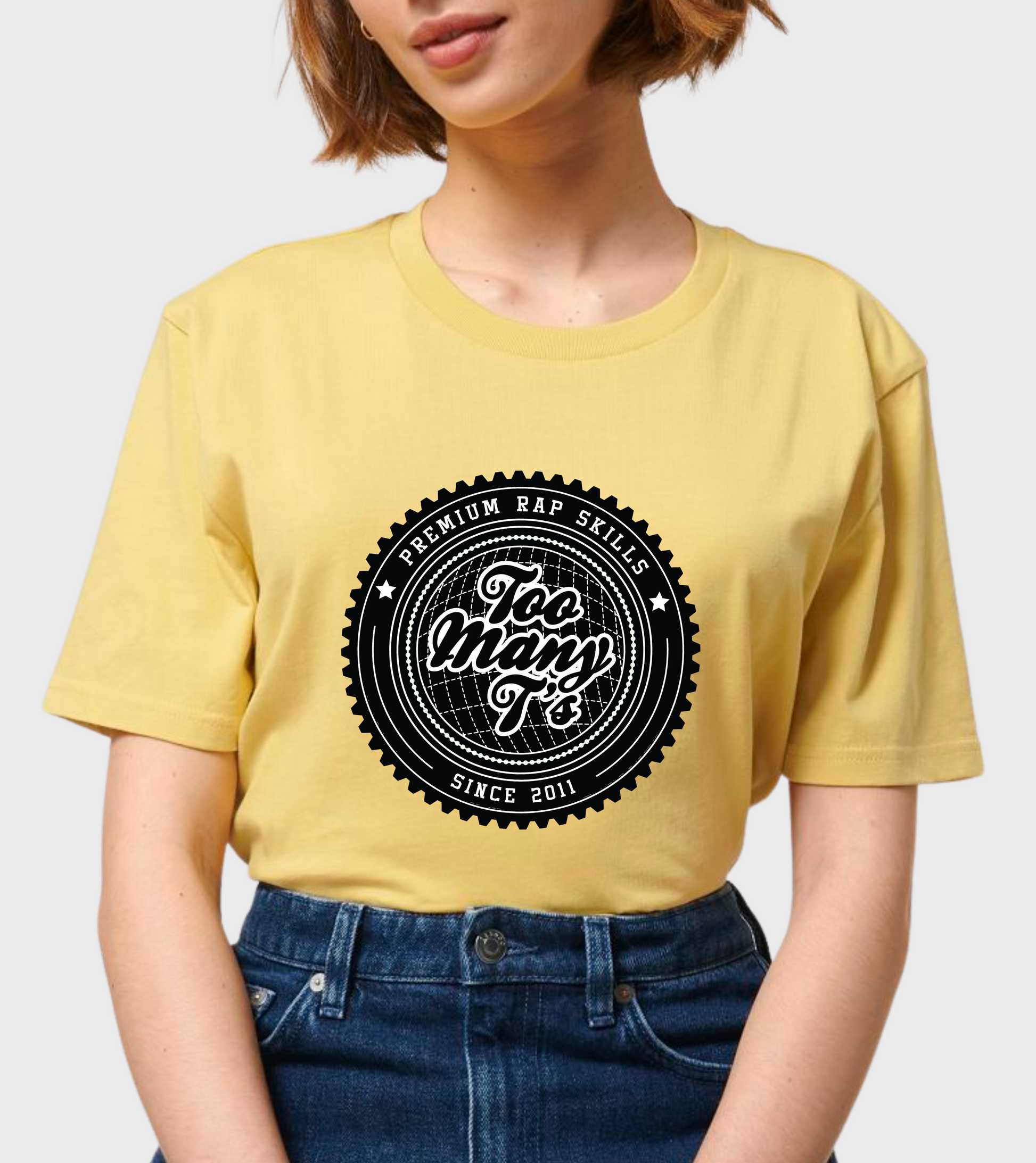 Yellow regular fit t-shirt with black premium rap skills design.