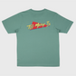 Green oversized t-shirt with red and yellow classic TOO MANY T'S designs.